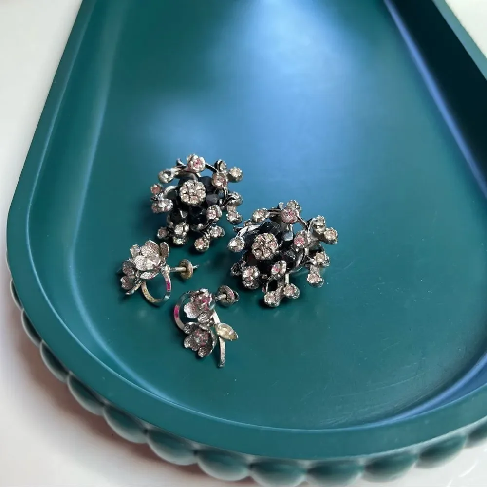 2 Pairs MCM 1950s / 1960s Crystal Rhinestone Silver Black Earrings Lot
